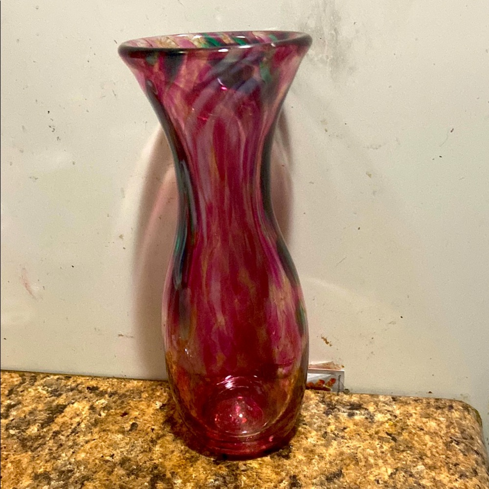 Kerry Glass Handblown Art Glass Small Bud Vase 6.75” Spackle Crandberry Green